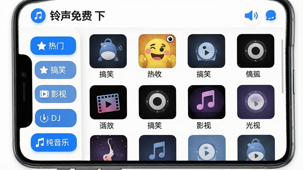 手机界面展示“铃声免费下”App的曲库分类页面,左侧竖排分类标签“热门”“搞笑”“影视”“DJ”“纯音乐”,右侧网格展示铃声封面和名称,背景白色为主,点缀蓝色图标,风格清爽,细节圆润,画质干净无多余元素