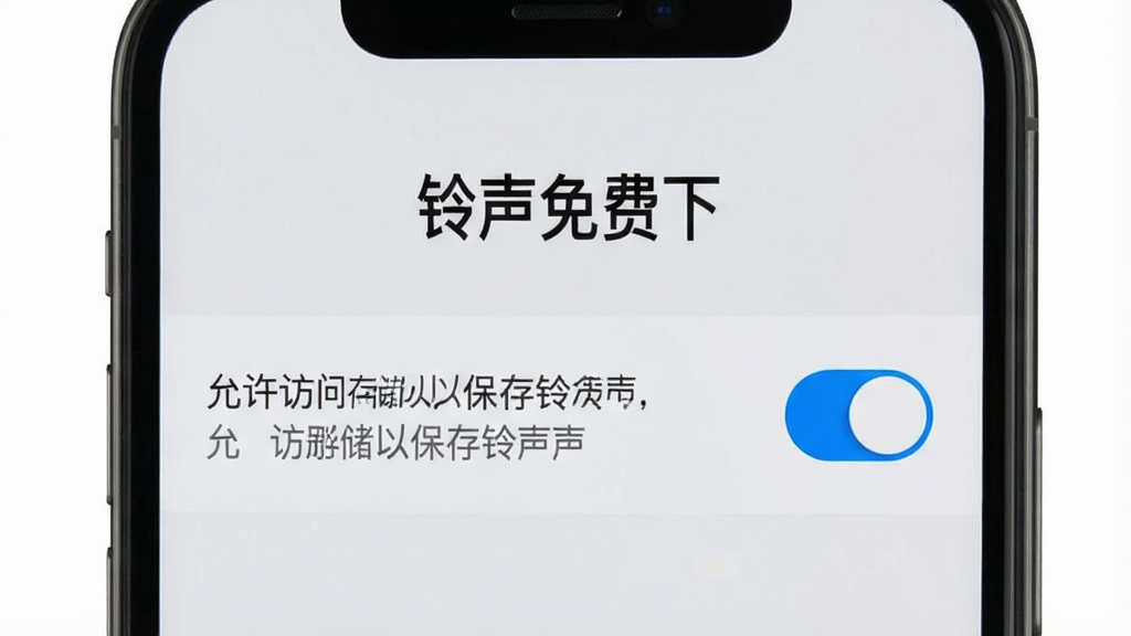 手机屏幕显示“铃声免费下”App的权限设置引导页面,画面中有存储权限开关和提示文字“允许访问存储以保存铃声”,背景浅灰色,开关为蓝色,风格简洁,细节清晰,画质干净无多余元素