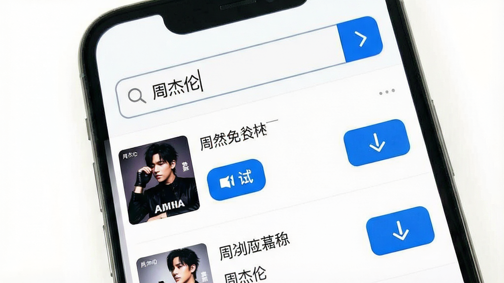 手机屏幕展示“铃声免费下”App的搜索结果页面,顶部搜索框输入“周杰伦”,下方列表显示多首歌曲名称和试听下载按钮,界面无弹窗广告,背景白色,文字黑色,按钮蓝色,风格极简,细节干净,画质清晰无多余元素