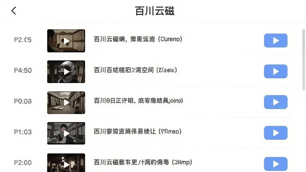 历史记录页面截图,列表按时间顺序排列,每条记录左侧有缩略图,右侧有播放按钮,顶部标题“百川云磁”,界面风格简约,画质清晰,无多余元素