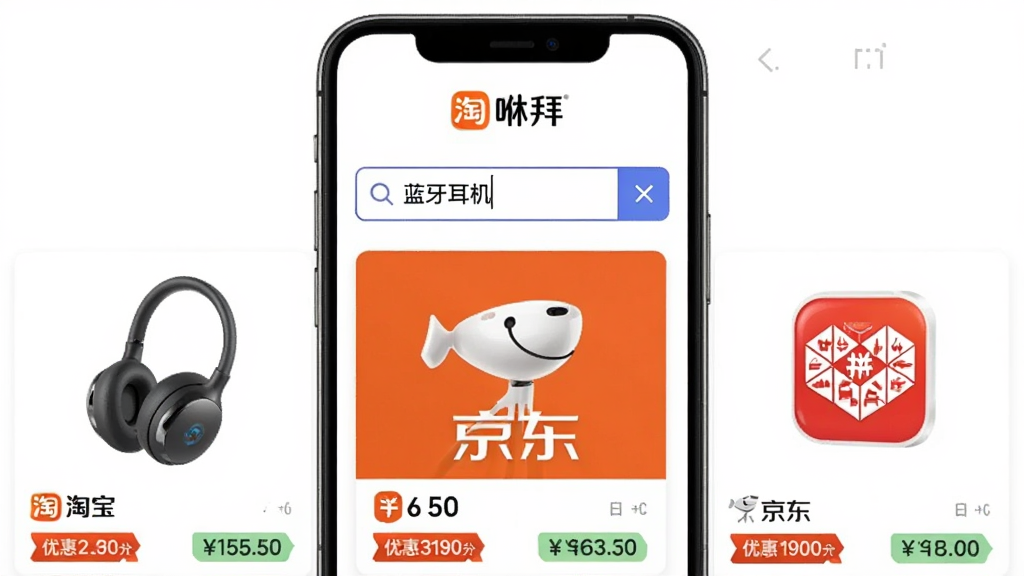 咻拜全网商品搜索功能展示,手机屏幕中间显示搜索框输入“蓝牙耳机”,下方列出淘宝、京东、拼多多三个平台的商品卡片,每张卡片有商品图、价格、优惠券金额和返利金额标签,背景为白色,顶部有咻拜logo,风格简洁明快,画质干净无多余元素