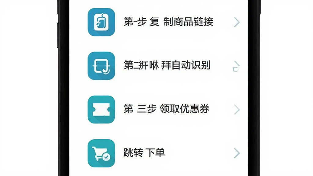 咻拜新手操作流程图,手机屏幕从上到下显示四个步骤图标,第一步复制商品链接,第二步打开咻拜自动识别,第三步领取优惠券,第四步跳转下单,每个步骤配简单文字说明,背景为白色,图标为蓝绿色调,风格简约清晰,画质干净无多余元素