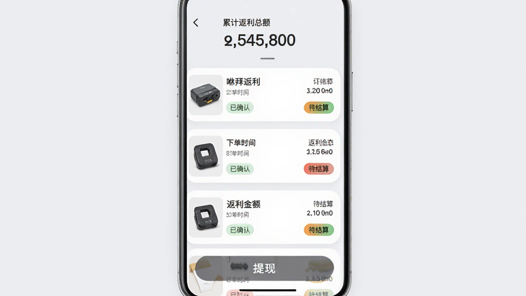 咻拜返利自动追踪功能界面,手机屏幕显示订单列表,每个订单卡片有商品缩略图、下单时间、返利金额和状态标签如“已确认”“待结算”,顶部有累计返利总额数字,背景为浅灰色,底部有提现按钮,风格清爽,画质干净无多余元素