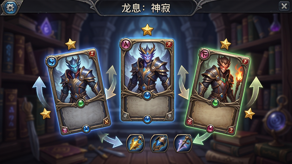 一张展示“龙息:神寂”英雄养成界面的AI生图,主体是三位不同职业的英雄卡牌悬浮在空中,周围环绕着升级箭头、星星和装备图标,布局为三角构图,排版为游戏UI界面风格,风格是精致的魔幻卡牌设计,细节包括卡牌边框的金属质感、英雄立绘的细腻光影、背景的魔法书架,画质高清,干净,无多余元素