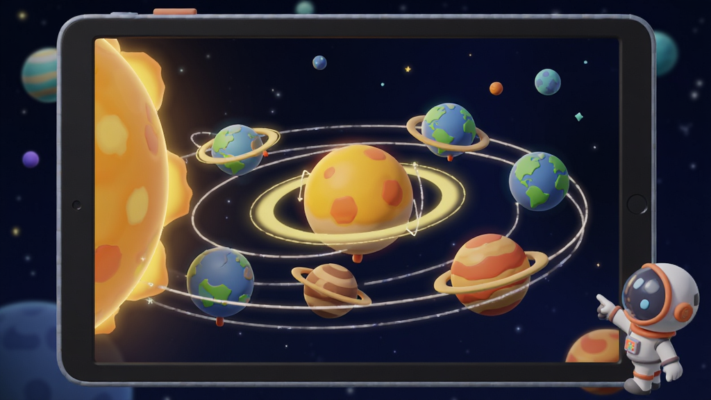 一幅展示科学星球HD中3D太阳系互动场景的图片,画面主体是一个横屏平板设备,屏幕内呈现立体的太阳系行星模型,行星带有光晕和轨道线,周围有卡通风格的小宇航员指着屏幕,背景是深邃的宇宙星空,整体风格为3D卡通渲染,色彩鲜艳,画面干净,无多余元素,高清画质。