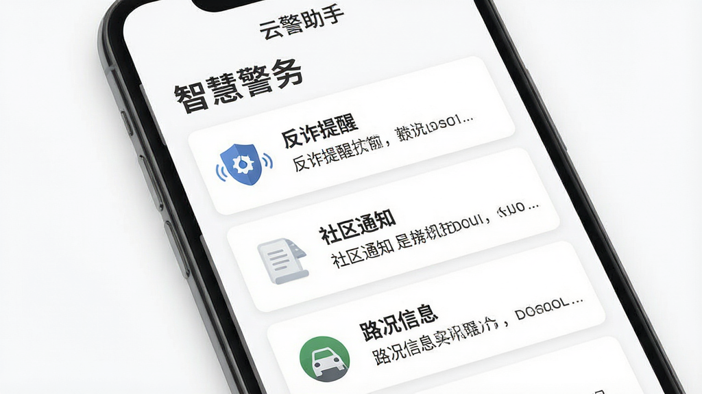 一个手机界面展示“云警助手”的资讯页面,页面顶部是“智慧警务”标题,下方列表展示着“反诈提醒”、“社区通知”、“路况信息”等卡片,每个卡片左侧有对应的图标,右侧有简短的文字摘要,整体布局清晰,背景为纯白色,文字为深灰色,风格简约现代,画质干净,无多余元素