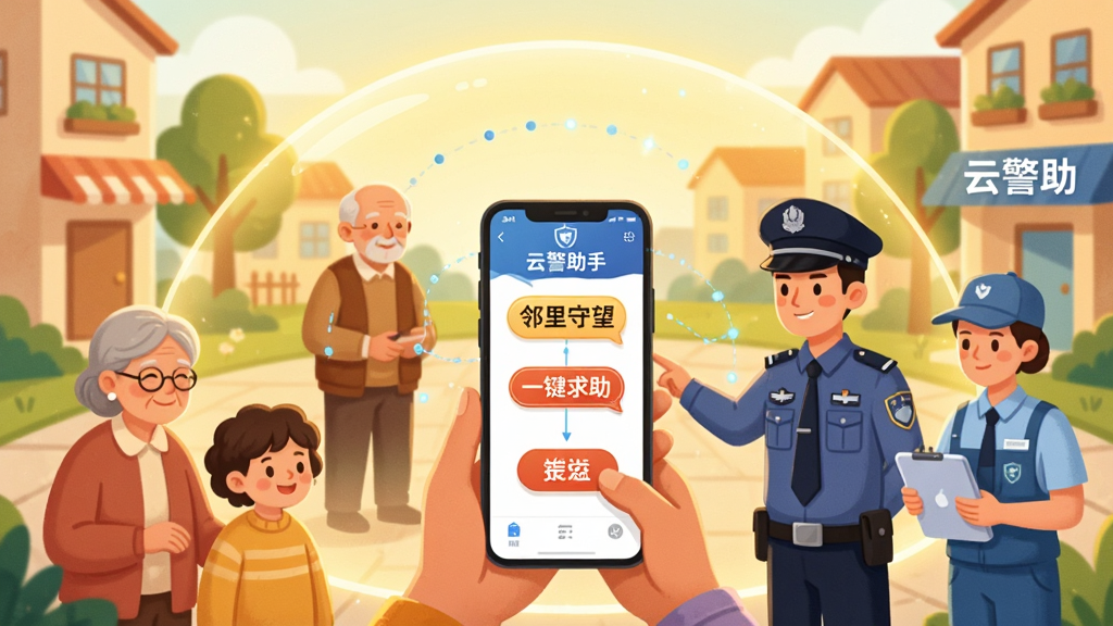 一张社区场景的插画,画面中不同年龄段的居民、警察和物业人员通过手机上的“云警助手”APP连接在一起,形成一个发光的保护罩笼罩着整个社区,手机屏幕上显示着“邻里守望”、“一键求助”等文字标签,风格温暖明亮,色彩和谐,画质干净,无多余元素