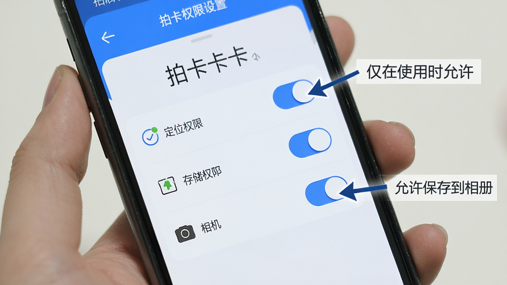 拍卡卡新手操作示意图,画面中手机屏幕显示拍卡卡的权限设置页面,包括定位权限、存储权限、相机权限的开关,旁边有箭头标注“仅在使用时允许”和“允许保存到相册”,界面风格简洁,蓝白配色,高清画质,无多余元素