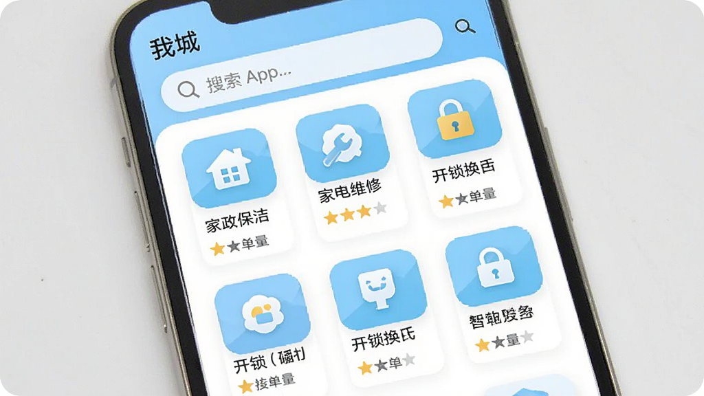 һ��չʾ���ҳǡ�App�������ҳ����ֻ���ͼ���ͼƬ���������ֻ���Ļ��ʾ�Ÿ��ַ������ͼ�꣬��������ࡢ�ҵ�ά�ޡ����������ȣ�ÿ��ͼ���·����Ǽ����ֺͽӵ�������Ļ�Ϸ���һ�����������岼�����룬ɫ���԰�ɫ��ǳ��ɫΪ��������Լ�ִ�������������������Ԫ�ء�