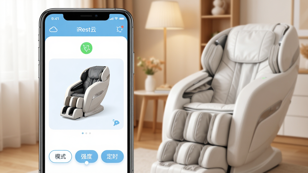һ��չʾ�����ֻ���Ļ��ͼƬ����Ļ����ʾ�š�iRest�ơ�Ӧ�ó���������棬������Ƽ���ִ����԰�ɫ��ǳ��ɫΪ��ɫ�����������豸����״̬ͼ�꣬�м��ǰ�Ħ�ε�3Dģ�ͻ������壬�ײ���ģʽѡ��ǿ�ȵ��ڡ���ʱ�Ȱ�ť����������ܰ�ļҾӻ������Ա���һ�Ű�ɫ�����ܰ�Ħ�Ρ�������ɾ������������������޶���Ԫ�ء�