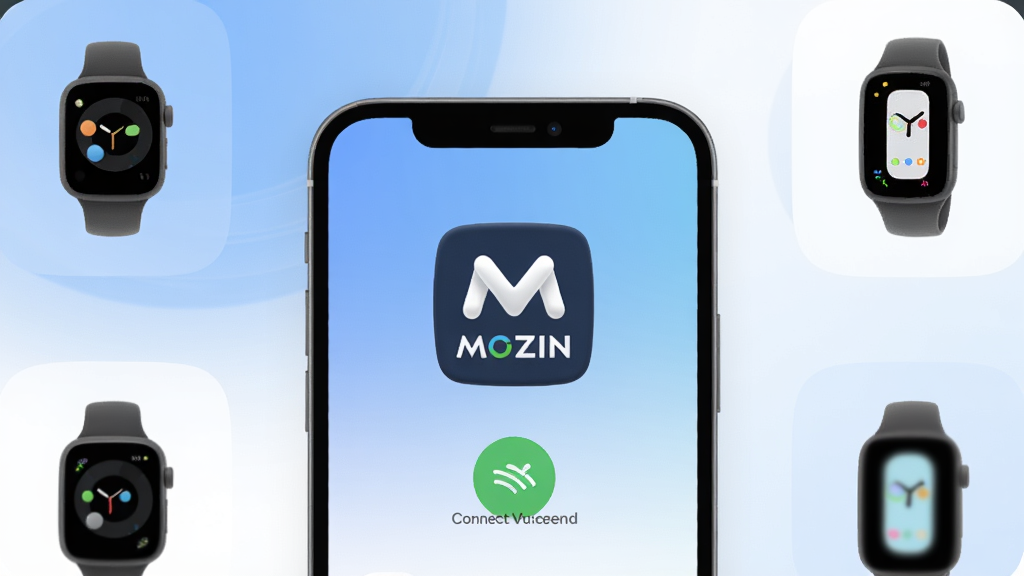 һ��չʾMOZINӦ�ú��Ľ����ͼƬ���ֻ���Ļ������ʾMOZIN��logo�����ӳɹ�״̬����Χ�����������ֱ����ֻ����豸ͼ�꣬��������͵����׽���ɫ�������ּ������������ִ���ƽ����ϸ��Բ�󣬻���ɾ��޶���Ԫ�أ����廭��