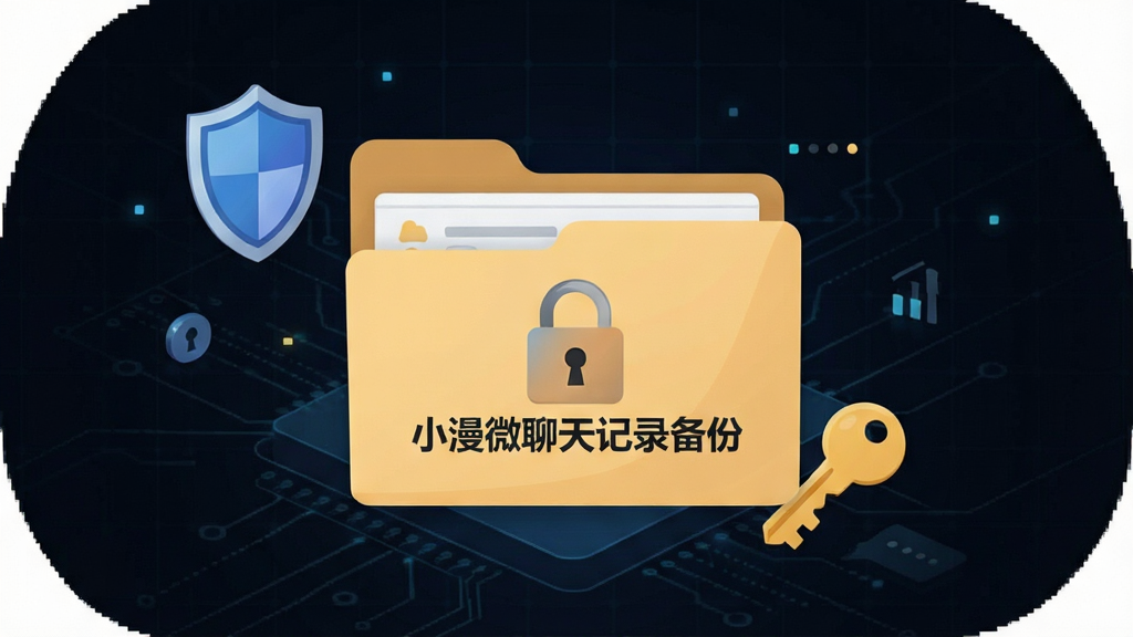 一张展示小漫微聊天记录备份软件本地加密存储功能的示意图,画面中央是一个带有锁形图标的文件夹,文件夹上写着“小漫微聊天记录备份”,文件夹周围有盾牌和钥匙的图标,背景是深色系的科技网格纹理,布局中心突出,风格安全稳重的扁平化设计,细节精致,画质干净无多余元素。