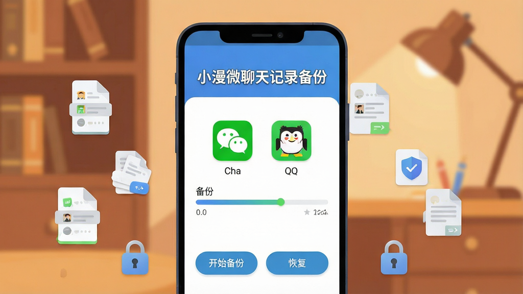 一张展示小漫微聊天记录备份软件核心全貌的场景图,画面中央是一部安卓手机,手机屏幕上显示着小漫微聊天记录备份的主界面,界面顶部有醒目的“小漫微聊天记录备份”文字标题,中间是微信和QQ的图标以及备份进度条,底部有开始备份和恢复按钮,手机周围散落着聊天记录文件图标和加密锁图标,背景是温暖的书房色调,布局居中对称,风格现代扁平化,细节圆润清晰,画质干净无多余元素,整体氛围让人感觉数据很安全。