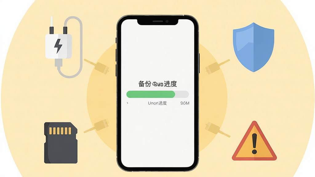 一张展示小漫微聊天记录备份软件操作注意事项的示意图,画面中央是一部手机显示备份进度条,手机周围有充电器图标、存储卡图标、盾牌图标和警告三角形图标,背景是柔和的浅黄色调,布局围绕手机呈环形排列,风格简洁明了的扁平化设计,细节清晰,画质干净无多余元素。