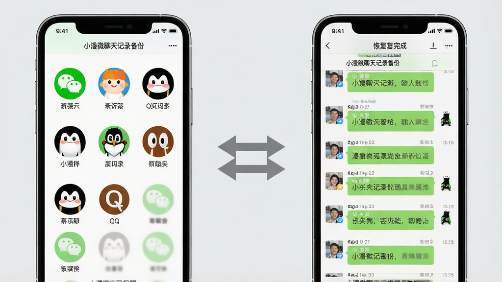 一张展示小漫微聊天记录备份软件多账号兼容功能的示意图,画面中左右各有一部手机,左边手机显示多个微信和QQ账号头像,右边手机显示恢复完成的聊天列表,中间有双向箭头连接,手机上都有“小漫微聊天记录备份”的界面元素,背景是浅灰色简洁风格,布局左右对比清晰,细节干净利落,画质清晰无多余元素。