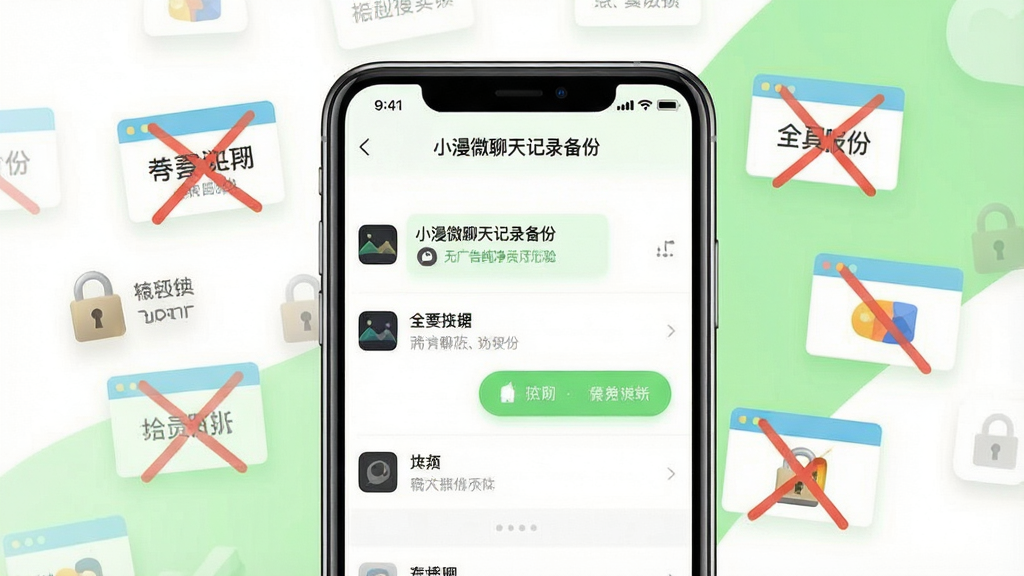 一张展示小漫微聊天记录备份软件无广告纯净体验的示意图,画面中央是一部手机显示“小漫微聊天记录备份”的清爽主界面,周围飘浮着被划掉的广告弹窗图标和会员锁图标,背景是明亮的白色和浅绿色搭配,布局中心突出,风格干净清爽,细节简洁,画质干净无多余元素。