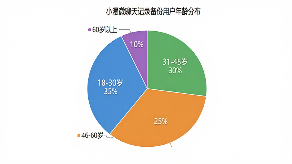 一张展示小漫微聊天记录备份用户年龄分布的饼状图,图表分为四个扇区,分别标注18-30岁占比35%、31-45岁占比30%、46-60岁占比25%、60岁以上占比10%,饼图颜色分别为蓝色、绿色、橙色和紫色,背景是白色简洁风格,布局居中,风格现代数据可视化,细节清晰,画质干净无多余元素。