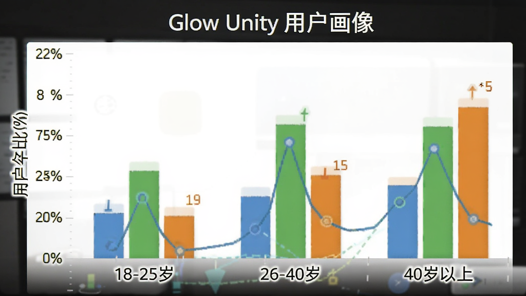 һ��Glow Unity�û�����ֲ���״ͼ��������18-25�ꡢ26-40�ꡢ40��������������Σ��������û�ռ�Ȱٷֱȣ�������ɫ�ֱ�Ϊ��ɫ����ɫ����ɫ��ͼ���Ϸ�д��Glow Unity�û����񣬷�������ݿ��ӻ��������������޶���Ԫ��