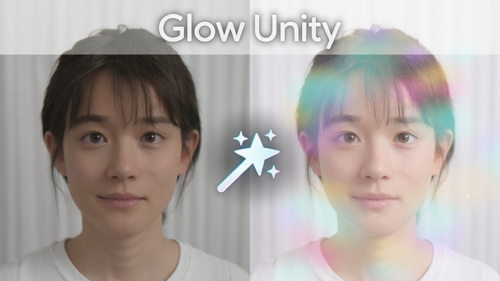 һ��չʾGlow Unity���ܹ�Ч���ܵ�ͼƬ�����������ԭͼ���ұ��Ǽ����λ����Ч�����ͼ���м���һ�������ħ����ͼ�꣬ͼƬ�Ϸ�д��Glow Unity������������������������޶���Ԫ��