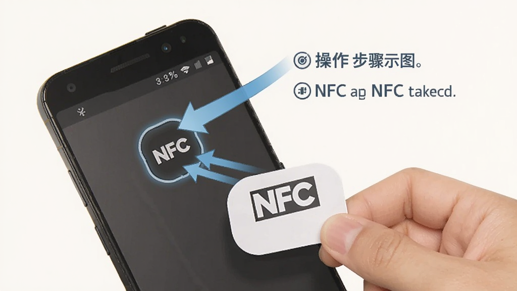 NFC Tools ��������ʾ��ͼ��һ����׿�ֻ����ڶ�ȡһ��NFC��ǩ�������ü�ͷ��ע�ֻ�����NFC��Ӧ����λ�ã��Ա����м򵥵�����˵����������Ϊ��Ϣͼ��ƣ�ɫ����ͣ������������ʺ���������