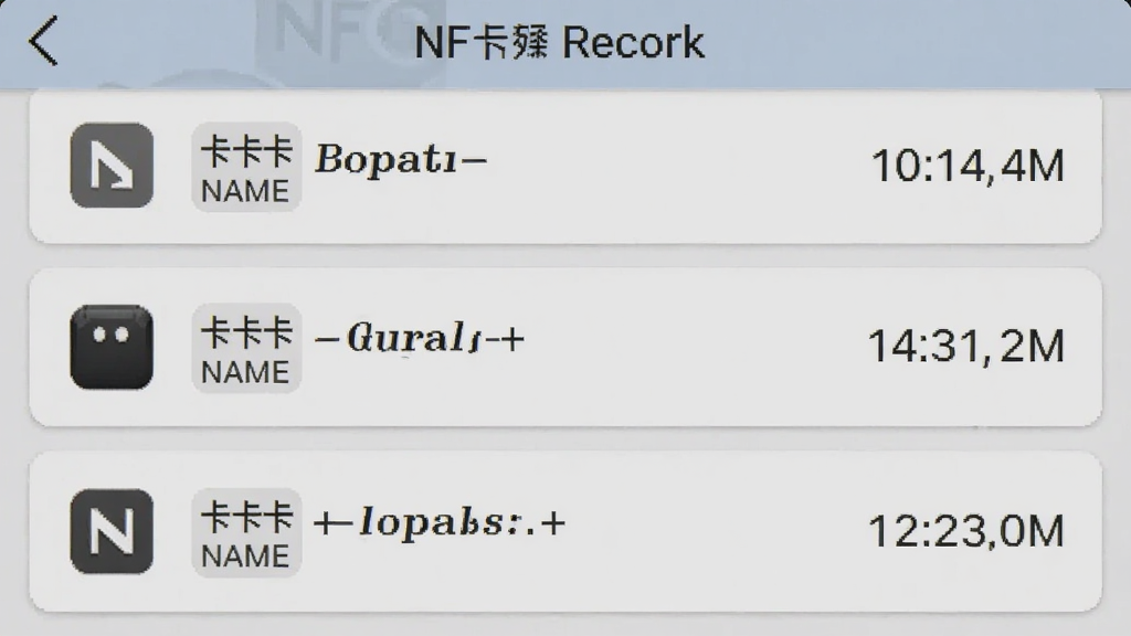 NFC Tools ��ʷ��¼ҳ���ֻ���ͼ����Ļ��ʾ��ʱ�������NFC������¼�б���ÿ����¼������������ͼ�ꡢ��Ƭ���ƺ�ʱ�����������ÿ�Ƭʽ��ƣ�����Ϊǳ��ɫ�������Ű����룬���������޶���װ��
