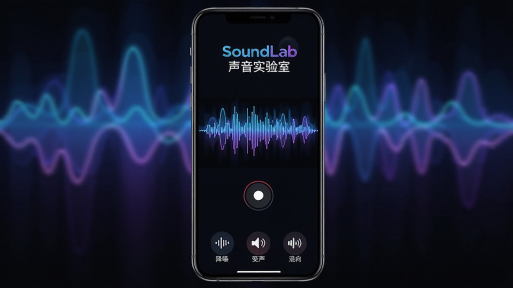 �ֻ���Ļ����չʾ SoundLab ����ʵ���� �������棬��������ɫ���������޺�����ɫ����ͼ��������ʾ SoundLab ����ʵ���� ���ֱ�ʶ���м���ʵʱ��Ƶ���κ�¼����ť���ײ��ǽ��롢����������ȹ���ͼ�꣬���ּ��ֱ�ۣ�����ִ��Ƽ��У�ϸ�ڸɾ��޶���Ԫ�أ���������