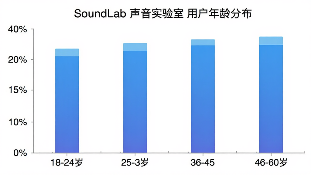 ��״ͼչʾ SoundLab ����ʵ���� �û�����ֲ�������Ϊ����� 18-24�ꡢ25-35�ꡢ36-45�ꡢ46-60�꣬����Ϊ�û�ռ�Ȱٷֱȣ���״��ɫΪ������ɫ��ͼ������Ϊ��SoundLab ����ʵ���� �û�����ֲ�����������ɫ��������������������ݿ��ӻ������ʸɾ�