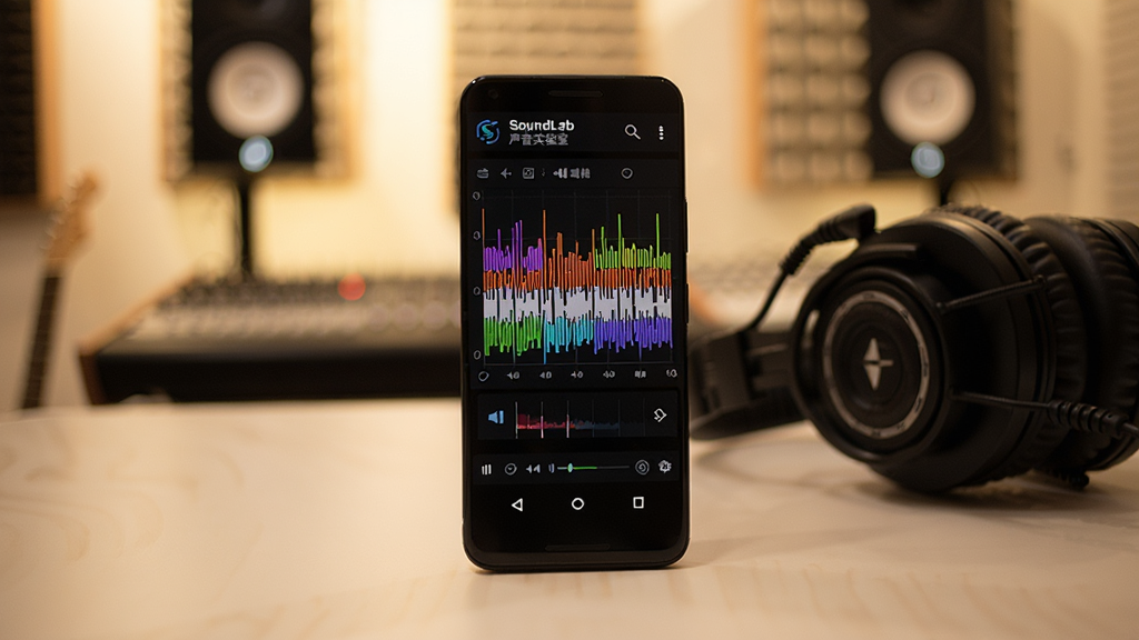 һ����׿�ֻ����������ϣ���Ļ��ʾ SoundLab ����ʵ���� ��ʵʱ��Ƶ�������棬��ɫ������״ͼ���������������Ա���һ�����������������Ǽ���¼���һ�����ůɫ�ƹ⣬����۽����ֻ���Ļ�Ͷ����ϣ����дʵ���������ʸɾ��޶���Ԫ��