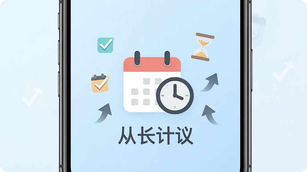 手机屏幕竖屏展示,背景是柔和的淡蓝色渐变,画面中央是一个简洁的日历与时钟结合的图标,图标下方有