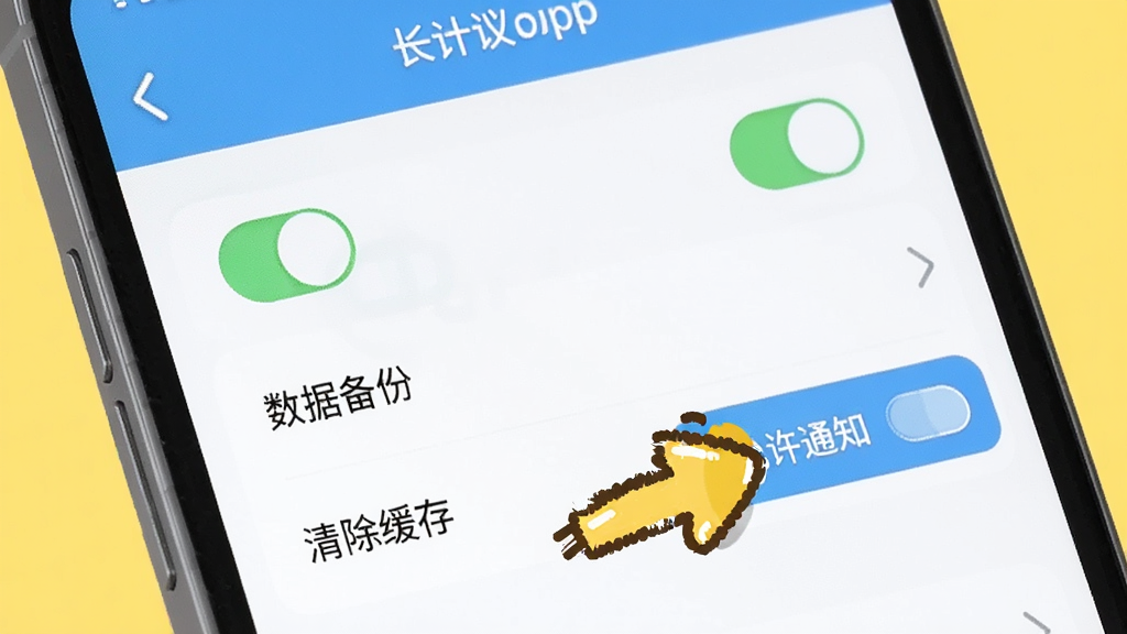 手机屏幕显示从长计议App的设置界面,界面中有通知开关、数据备份、清除缓存等选项,旁边有一个卡通风格的小箭头指向“允许通知”按钮,画面风格轻松活泼,色彩明亮,画质干净无多余元素。