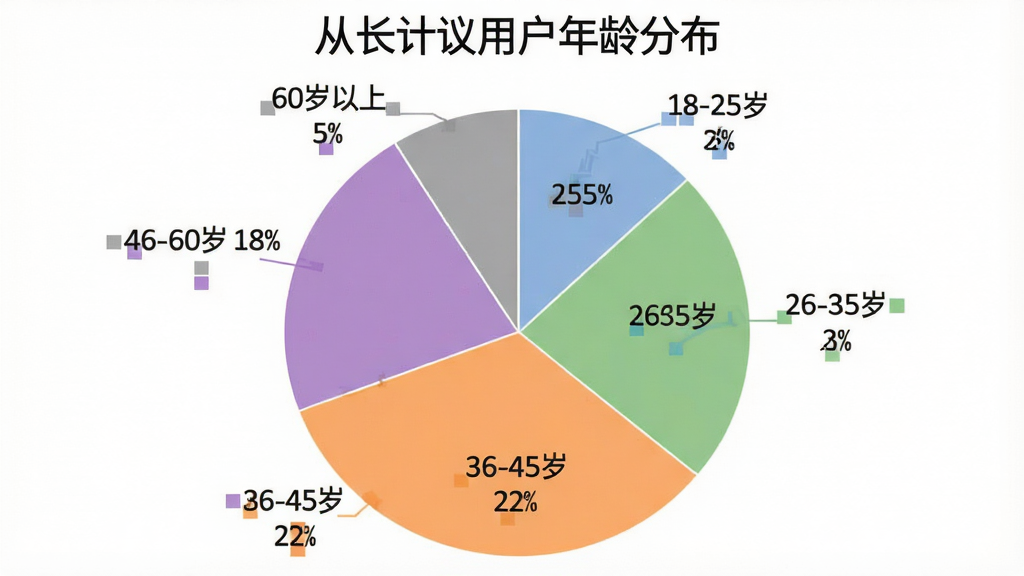 一个饼状图,标题为“从长计议用户年龄分布”,图表分为五个扇形区域,分别标注“18-25岁 25%”“26-35岁 30%”“36-45岁 22%”“46-60岁 18%”“60岁以上 5%”,配色采用柔和的蓝、绿、橙、紫、灰,图表背景为白色,风格简洁专业,画质干净无多余元素。