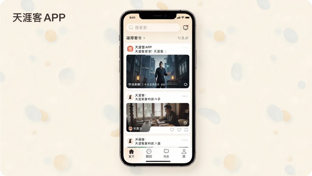 ���Ŀ�APP������չʾ������������һ�������ֻ�����Ļ��ʾ���Ŀ�APP����ҳ�Ƽ���������������������Ϣͼ�꣬�м���ͼ�Ŀ�Ƭʽ�����б����ײ�Ϊ��ҳ��Ȧ�ӡ���Ϣ���ҵ��ĸ�������ǩ�����岼�ּ������������Ϊǳɫϵ������ִ���ƽ��ϸ��Բ�󣬻��ʸɾ��޶���Ԫ�أ��������֡����Ŀ�APP��