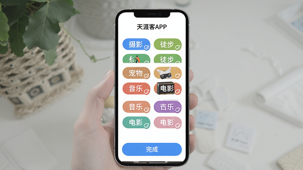 ���Ŀ�APP���������������棬����չʾ�ֻ���Ļ����Ȥ��ǩѡ��ҳ�棬�����ɫ��ǩ����Ӱ��ͽ����������֡���Ӱ�ȹ���ѡ���ײ�����ɰ�ť������Ϊ��ɫ��������£��������֡����Ŀ�APP��