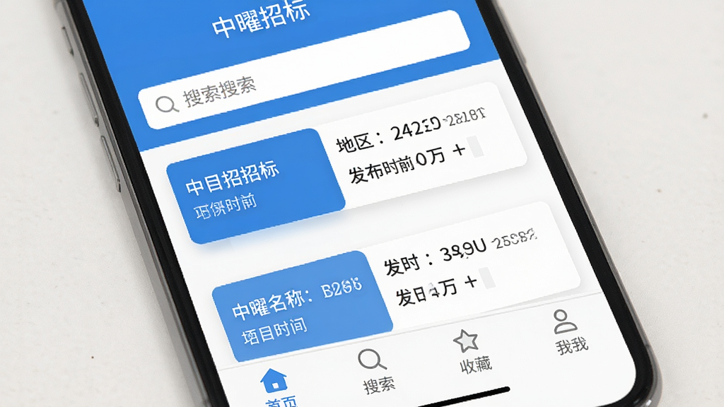 手机屏幕展示「中曜招标」应用主界面,顶部搜索框醒目,中间是招标信息列表卡片,包含项目名称、地区、发布时间等字段,底部导航栏有首页、搜索、收藏、我的四个图标,整体配色为蓝白商务风格,布局清晰,扁平化设计,画质干净,无多余元素