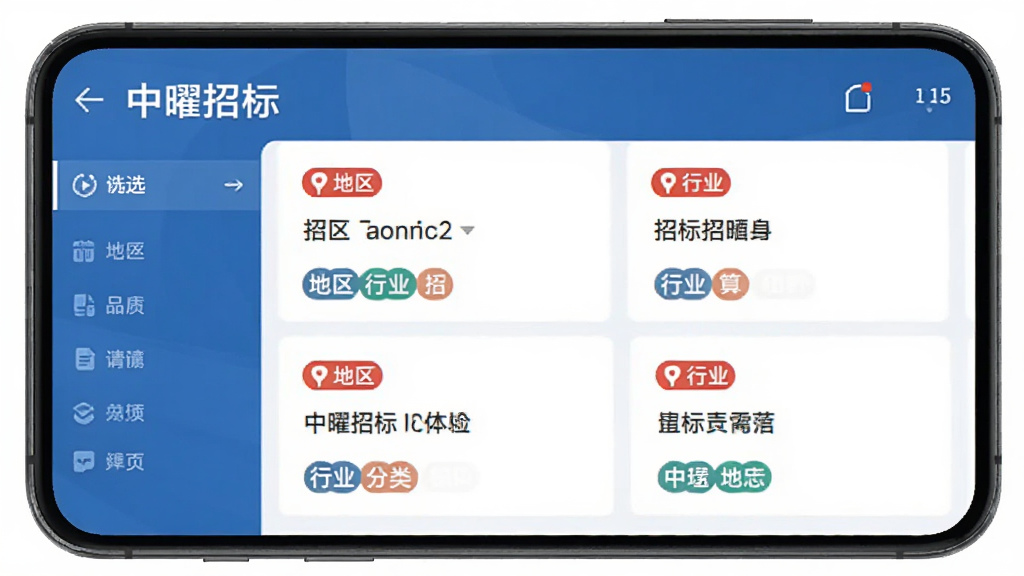 手机应用界面展示「中曜招标」的信息聚合页面,屏幕上分布着多个招标信息卡片,卡片上有地区标签和行业分类标签,左侧有筛选栏,整体为蓝色商务风格,布局整齐,扁平化设计,画质干净,无多余元素