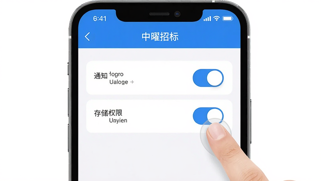 手机屏幕展示「中曜招标」的通知权限设置页面,页面上有通知开关、存储权限开关等选项,旁边有手指点击操作的示意,蓝白色调,简洁清晰,画质干净,无多余元素