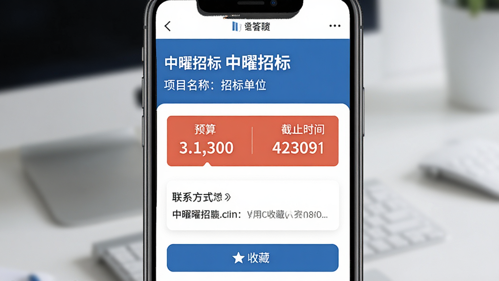手机屏幕展示「中曜招标」的标讯详情页,页面上方显示项目名称和招标单位,中间有预算金额和截止时间高亮显示,下方有联系方式区域,底部有收藏按钮,蓝白色调,商务简洁风格,布局清晰,画质干净,无多余元素