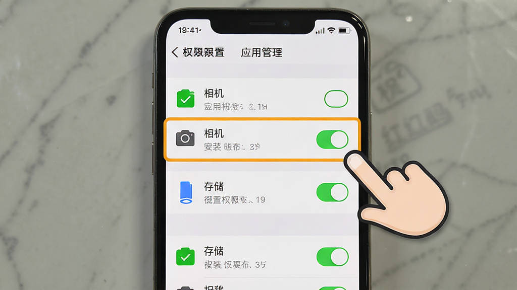 һ��չʾɨ���ά��App��װȨ�����õ�ͼƬ���������ֻ���Ļ��ʾӦ��Ȩ�޹������棬������ע��������͡��洢��Ȩ�޿��أ��Ա�����ָ����Ķ���ͼ�꣬����Ϊ�����б������Ϊϵͳ����UI��ϸ�ڰ���Ȩ��ͼ��Ϊ��ɫ�Թ�������Ϊ��ɫ���������������ʸɾ��޶���Ԫ�ء�