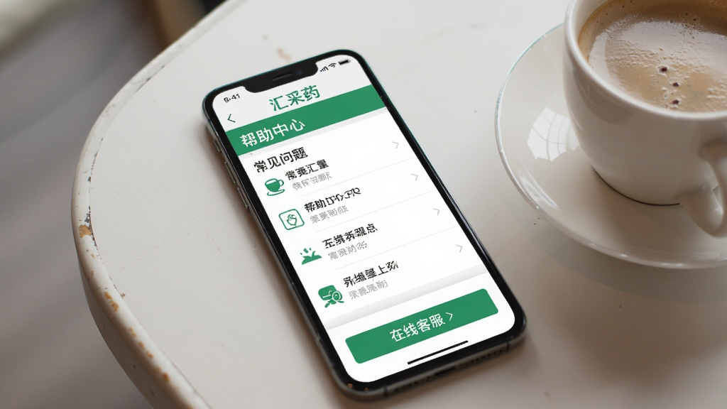 一张手机屏幕截图风格图片,显示“汇采药”应用内的帮助中心页面,页面上有常见问题列表和在线客服按钮,手机放在一张浅色桌面上,旁边有一杯咖啡,风格轻松,光线自然,画质干净,无多余元素