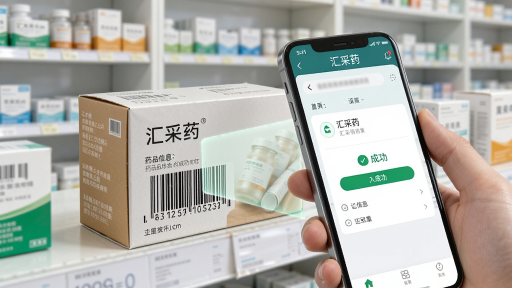 一部手机正在扫描药品包装盒上的条形码,手机屏幕显示“汇采药”应用界面和药品信息录入成功的提示,背景是药房货架,画面光线明亮,风格写实,细节清晰,画质干净,无多余元素