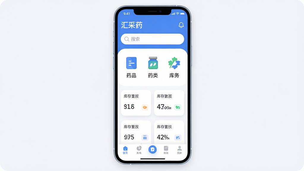 一张展示手机应用主界面的图片,画面中央是一部现代智能手机,屏幕显示“汇采药”应用界面,界面顶部有搜索框,中间是药品分类图标和库存数据卡片,底部为导航栏,整体布局清晰,以蓝白为主色调,风格现代扁平,细节圆润,背景干净简洁,画质高清,无多余元素