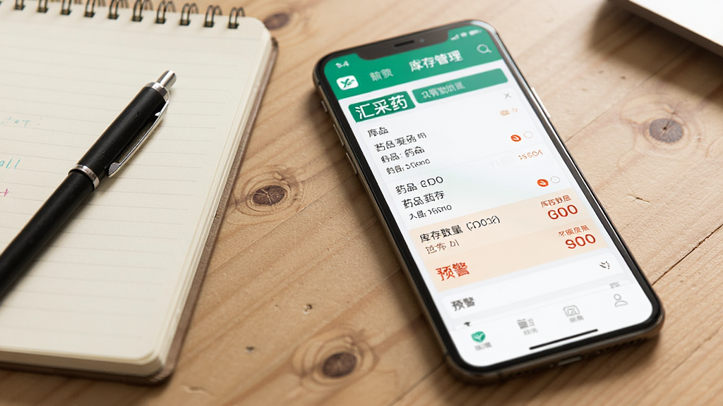 一部手机屏幕显示“汇采药”应用内的库存管理界面,界面中有药品列表、库存数量、预警提示等信息,手机旁边放着一本记事本和一支笔,背景是木质桌面,风格生活化,光线柔和,画质清晰,无多余元素