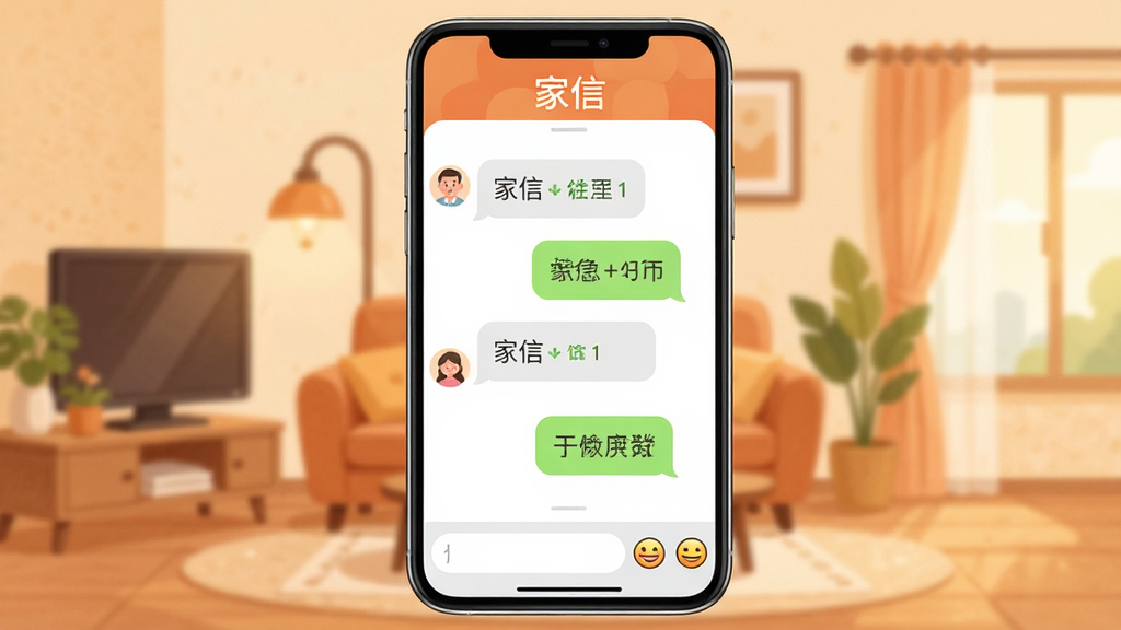 手机屏幕展示“家信”应用界面,画面中央是温馨的家庭群聊窗口,背景是暖色调客厅插画风格,聊天气泡设计圆润,顶部有“家信”文字标识,底部输入框和表情图标清晰可见,整体布局简洁无广告,画质干净清晰,无多余元素