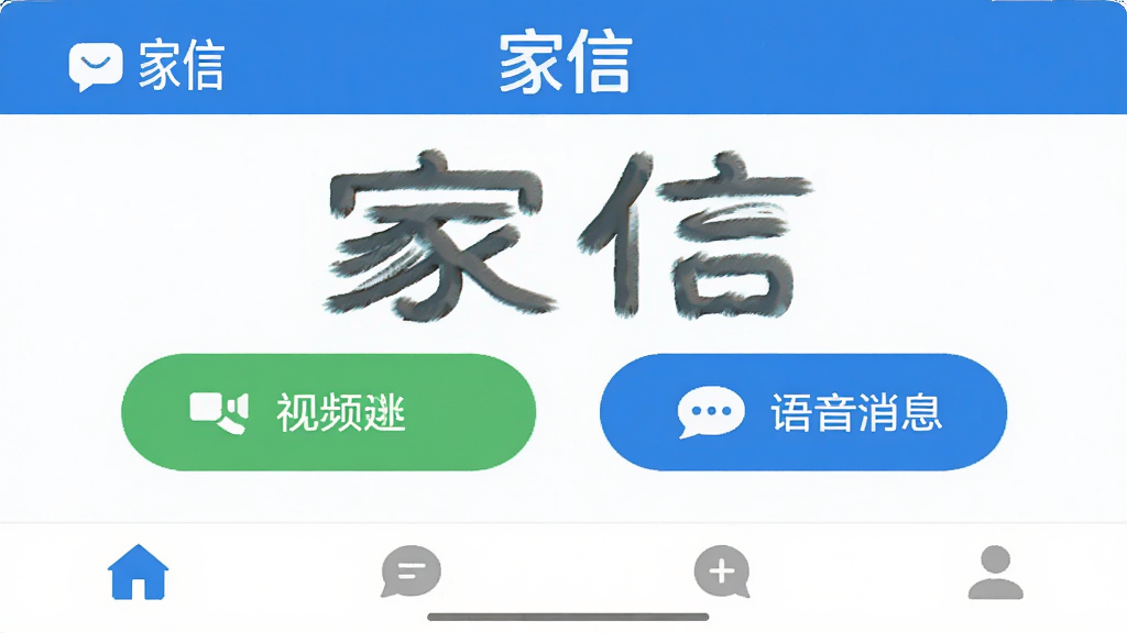 手机聊天应用大字体模式界面,画面中“家信”App显示超大号文字和按钮,界面以蓝白为主色调,顶部有“家信”标识,中间是明显的视频通话和语音消息按钮,底部导航栏图标清晰,整体布局简洁,风格现代扁平,画质干净,无多余元素