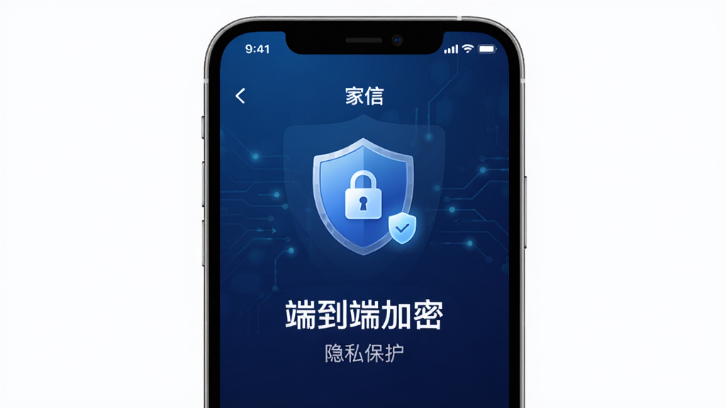 手机安全隐私保护界面,画面中“家信”App显示盾牌图标和加密锁标识,背景是深蓝色科技感渐变,界面文字显示“端到端加密”和“隐私保护”,布局简洁对称,风格稳重,画质清晰,无多余元素