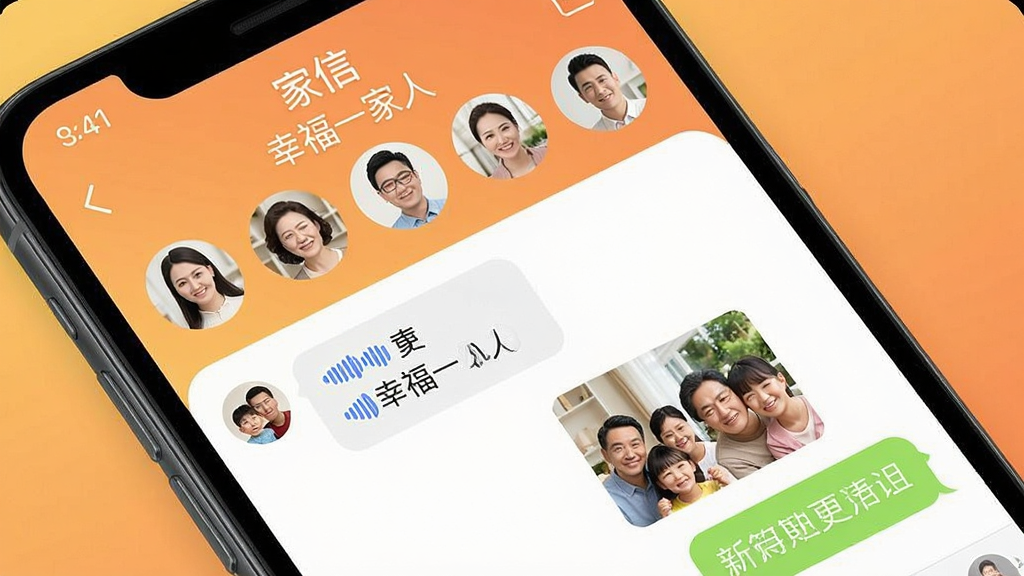手机屏幕显示“家信”家庭群组界面,画面中有多位家庭成员头像整齐排列,群名称显示为“幸福一家人”,聊天区域有语音消息、照片和文字,背景是暖色渐变,整体布局清晰,风格亲切,画质干净,无多余元素