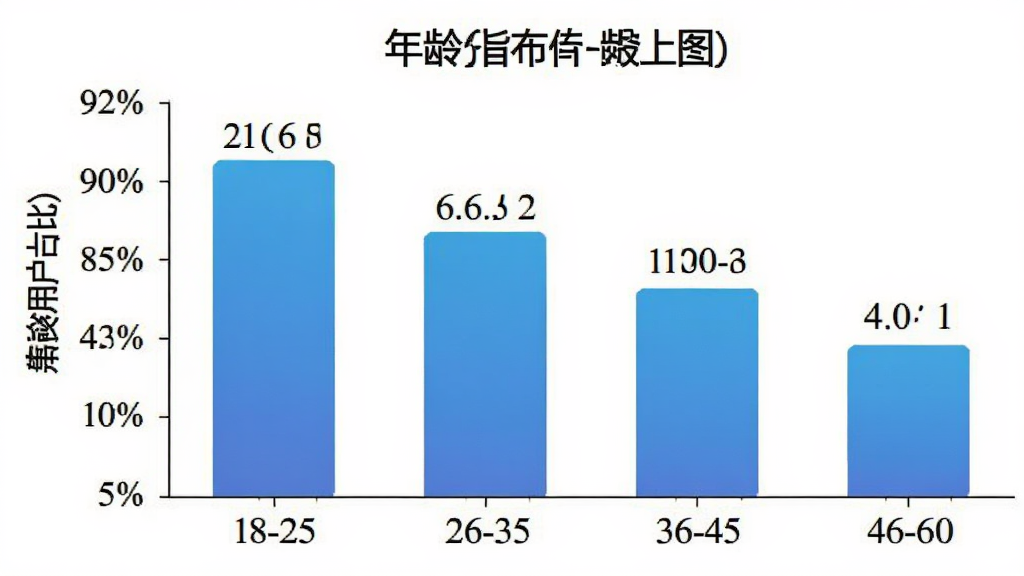 精密罗盘指南针用户年龄分布柱状图,主体是柱状图图表,布局上横轴为年龄段18-25、26-35、36-45、46-60,纵轴为用户占比,排版清晰,风格数据可视化扁平风,细节上柱子颜色为蓝色渐变、数值标注明确,画质高清,画面干净无多余元素