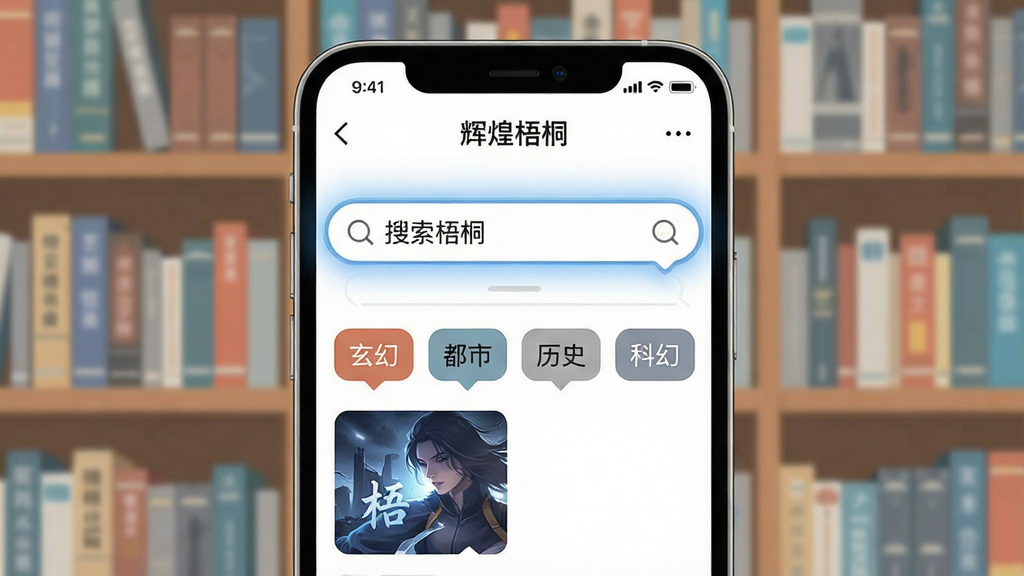 一张展示手机应用书城界面的图片,画面中「辉煌梧桐」App的搜索框处于高亮状态,下方排列着玄幻、都市、历史、科幻等多种分类标签,背景是整齐的书架排列,风格现代扁平化,细节上突出分类标签的清晰度和搜索框的便捷感,画质干净,无多余元素
