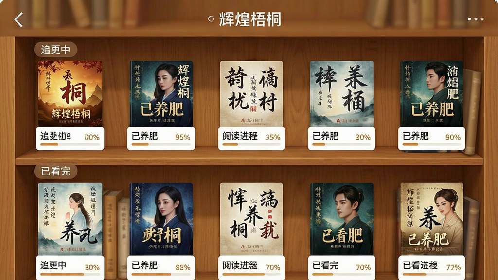 一张手机书架管理界面的图片,画面中「辉煌梧桐」App的书架页面展示着多本小说封面,按照「追更中」「已养肥」「已看完」等标签分组排列,每本书下方有阅读进度百分比,背景是原木色书架纹理,风格温馨有序,细节上突出分组标签和进度显示的清晰度,画质干净,无多余元素