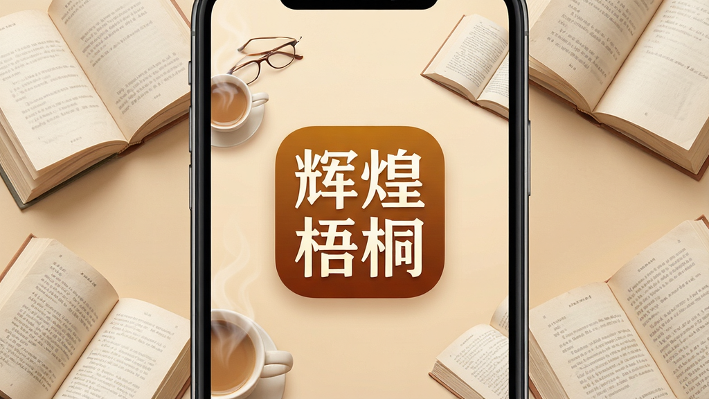 一张手机屏幕展示小说阅读界面的图片,画面中央是「辉煌梧桐」的App图标,周围环绕着几本翻开的书籍和舒适的阅读场景元素,背景是温暖的米黄色调,布局简洁明了,风格清新治愈,细节上突出书籍的纸张质感和手机屏幕的清晰显示效果,画质干净,无多余元素